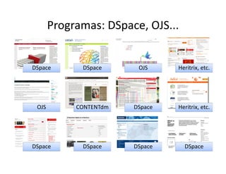 DSpace DSpace OJS Heritrix, etc.
OJS CONTENTdm DSpace Heritrix, etc.
DSpace DSpace DSpace DSpace
Programas: DSpace, OJS...
 