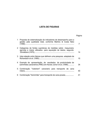 LISTA DE FIGURAS
Página
1 Proposta de sistematização de indicadores de desempenho para a
gestão pela qualidade total, conforme Martins & Costa Neto
(1998)................................................................................................. 7
2 Categorias de fontes supridoras de medidas sobre maquinaria
agrícola e meios utilizados para aquisição de dados, segundo
Donaldson (1970)............................................................................... 14
3 Inter-relação entre fatores que definem uma pesquisa, adaptado de
Richardson et al. (1995)..................................................................... 15
4 Exemplo de apresentação de resultados da produtividade de
caminhões canavieiros (PMC) em Nunes Júnior et al. (1998)............ 34
5 Combinação "rodotrem" canavieiro para transporte de cana
inteira.................................................................................................. 40
6 Combinação "treminhão" para transporte de cana picada................. 41
 