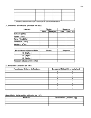 103
* Considerar Ganhos de Maturação e a Brotação de Soqueiras na Avaliação.
21. Corretivos e Adubação aplicados em 1997:
Insumos Plantio Soqueira
Dose Área [ ha ] Dose Área [ ha ]
Calcário [ t/ha ]
Gesso [ t/ha ]
Torta Filtro [ t/ha ]
Composto [ t/ha ]
Vinhaça [ m
3
/ha ]
Adubo Químico [ Gasto Médio ] Plantio Soqueira
Área sem adubo químico [ ha ]
22. Herbicidas utilizados em 1997:
Produtos ou Misturas de Produtos Dosagens Médias [ litros ou kg/ha ]
Quantidades de herbicidas utilizados em 1997:
Produtos Quantidades [ litros ou kg ]
+
+
+
+
+
+
+
+
+
+
N [ kg/ha ]
+
+
P [ kg/ha ]
K [ kg/ha ]
+
+
+
+
 