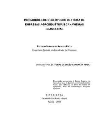 INDICADORES DE DESEMPENHO DE FROTA DE
EMPRESAS AGROINDUSTRIAIS CANAVIEIRAS
BRASILEIRAS
RICARDO SOARES DE ARRUDA PINTO
Engenheiro Agrícola e Administrador de Empresas
Orientador: Prof. Dr. TOMAZ CAETANO CANNAVAN RIPOLI
Dissertação apresentada à Escola Superior de
Agricultura “Luiz de Queiroz”, Universidade de São
Paulo, para obtenção do título de Mestre em
Agronomia, Área de Concentração: Máquinas
Agrícolas
P I R A C I C A B A
Estado de São Paulo – Brasil
Agosto – 2002
 