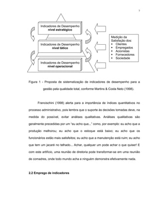 7
Figura 1 - Proposta de sistematização de indicadores de desempenho para a
gestão pela qualidade total, conforme Martins & Costa Neto (1998).
Francischini (1998) alerta para a importância de índices quantitativos no
processo administrativo, pois lembra que o suporte às decisões tomadas deve, na
medida do possível, evitar análises qualitativas. Análises qualitativas são
geralmente precedidas por um “eu acho que...” como, por exemplo: eu acho que a
produção melhorou; eu acho que o estoque está baixo; eu acho que os
funcionários estão mais satisfeitos; eu acho que a manutenção está ruim; eu acho
que tem um jacaré no telhado... Achar, qualquer um pode achar o que quiser! E
com este artifício, uma reunião de diretoria pode transformar-se em uma reunião
de comadres, onde todo mundo acha e ninguém demonstra efetivamente nada.
2.2 Emprego de indicadores
Indicadores de Desempenho
nível operacional
Indicadores de Desempenho
nível tático
Indicadores de Desempenho
nível estratégico
Medição da
Satisfação dos:
Clientes
Empregados
Acionistas
Fornecedores
Sociedade
 