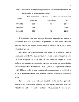 38
Tabela 1. Participação de empresas agroindustriais canavieiras respondendo aos
questionários da pesquisa deste estudo.
Safras
Número de usinas
existentes
Número de questionários
respondidos
Participações
(%)
1997/1998 323 67 20,74
1998/1999 323 73 22,60
1999/2000 323 73 22,60
É importante frisar que somente dezesseis agroindústrias igualmente
participaram com seus questionários respondidos nas três safras estudadas,
consolidando uma parcela que variou entre 21,92 a 23,88% das amostras anuais
obtidas de empresas.
Para efeito da representatividade, em termos de moagem de cana-de-
açúcar, das agroindústrias que contribuíram com os questionários para a safra
1997/1998, obteve-se 32,3% do total de cana moída no período no Brasil,
conforme comparação com montante expresso em União das Agroindústrias
Canavieiras do Estado de São Paulo - UNICA (2000). Já a representatividade em
1998/1999 foi de 38,2% da cana moída no país, enquanto que a de 1999/2000 foi
de 28,7% da cana moída no Brasil, também conforme comparação com UNICA
(2000).
Para se obter cada indicador estudado neste trabalho, perguntas
específicas do questionário deveriam ser respondidas, implicando que cada
indicador necessitou de análise estatística individualizada. O fato de uma
 