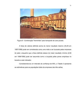 41
Figura 6 - Combinação "treminhão" para transporte de cana picada.
A faixa de valores definida acima do menor resultado máximo (35,28 em
1997/1998) pode ser considerada como uma meta a ser buscada pelas empresas
do setor, enquanto que a faixa definida abaixo do maior resultado mínimo (2,00
em 1998/1999) pode ser assumida como a ocupada pelas piores empresas no
tocante a este indicador.
Considerando-se um intervalo de confiança de 95%, a Tabela 3 apresenta
as estimativas para as populações totais de empresas das três safras.
 