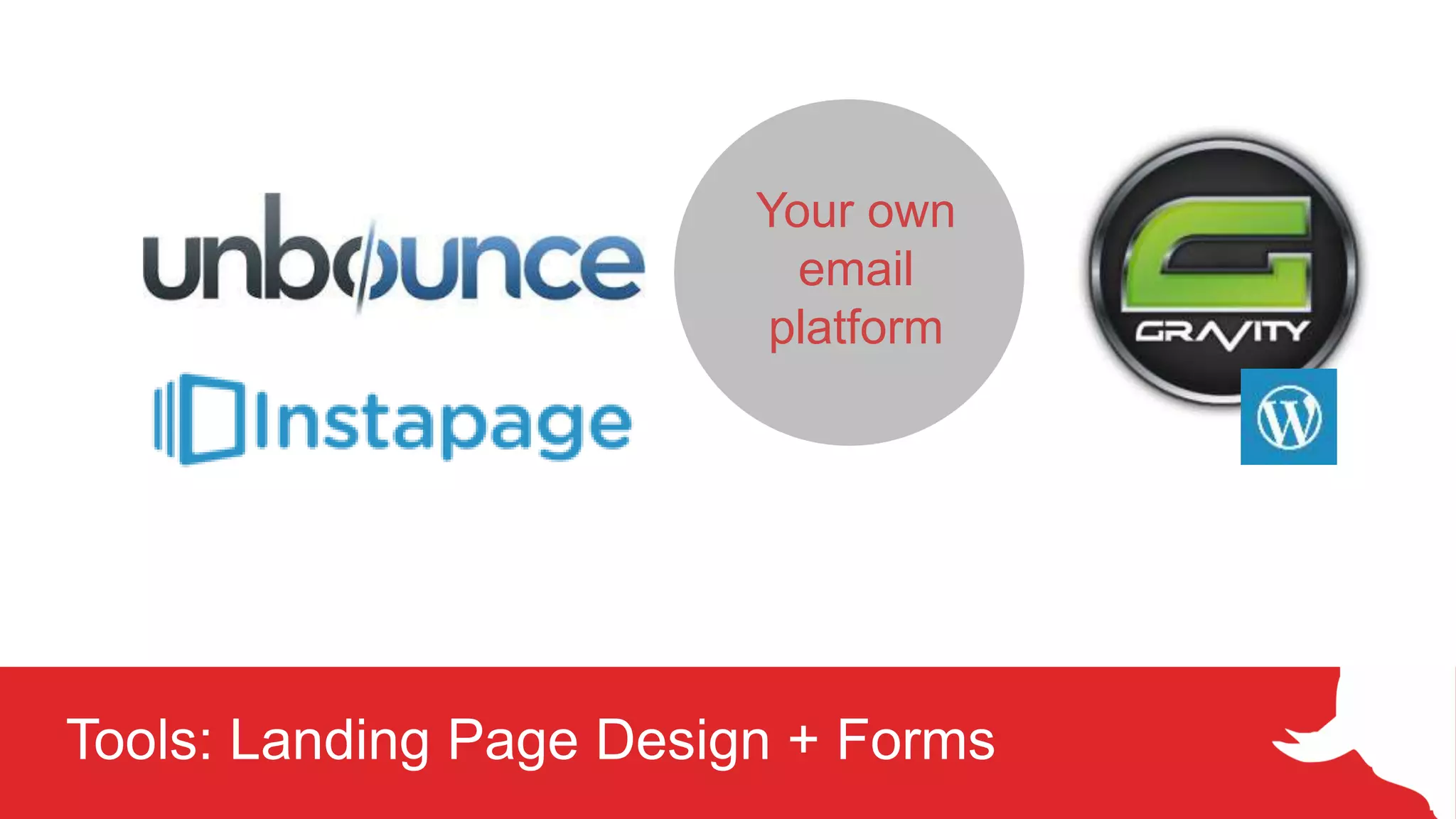Tools: Landing Page Design + Forms
Your own
email
platform
 