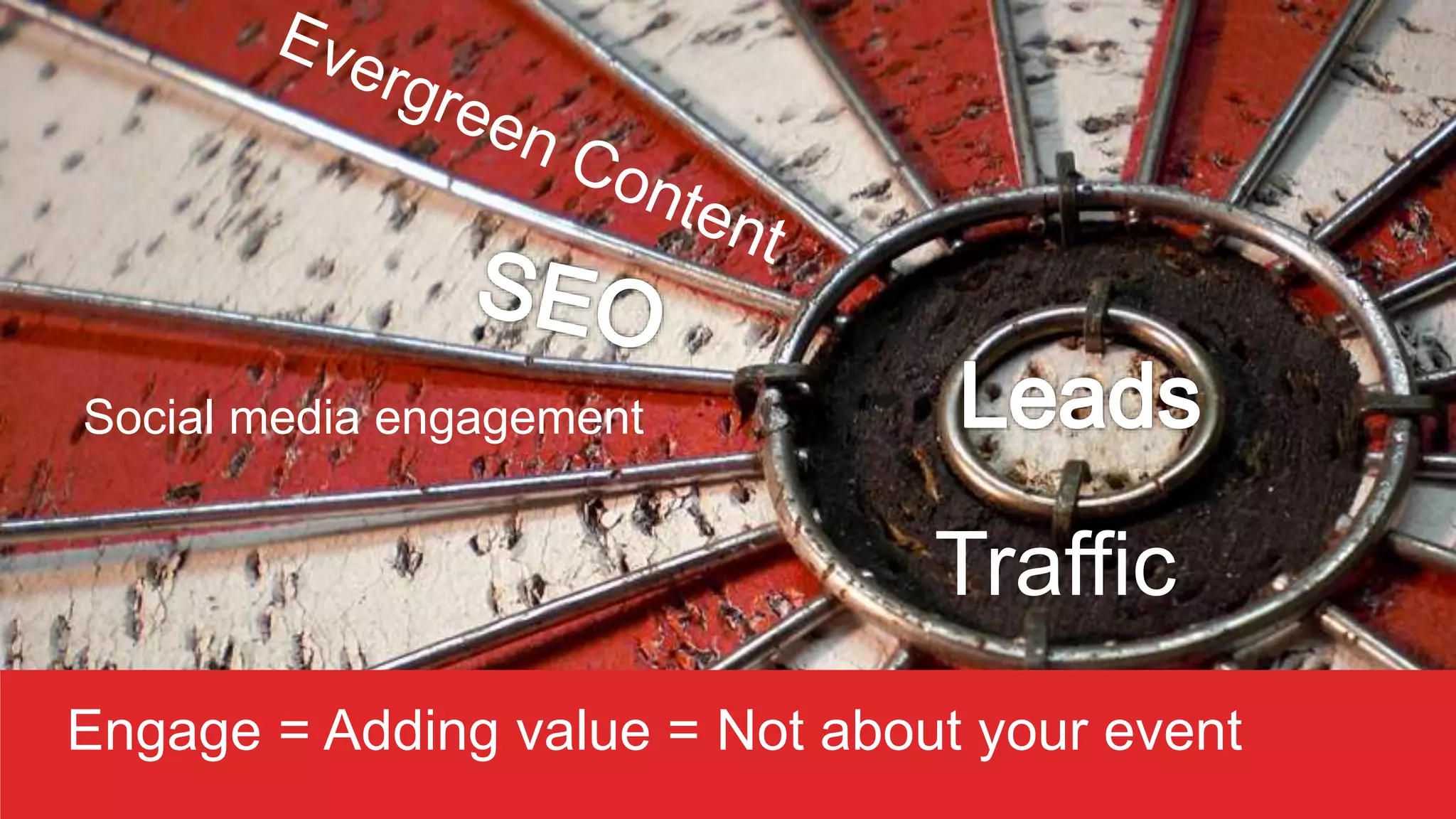 Traffic
Engage = Adding value = Not about your event
Social media engagement
 