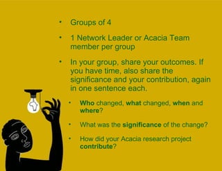 Groups of 4  1 Network Leader or Acacia Team member per group In your group, share your outcomes. If you have time, also share the significance and your contribution, again in one sentence each. Who  changed,  what  changed,  when  and  where ?  What was the  significance  of the change? How did your Acacia research project  contribute ? 