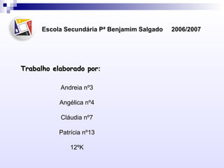 Escola Secundária Pª Benjamim Salgado  2006/2007 Trabalho elaborado por : Andreia nº3 Angélica nº4 Cláudia nº7 Patrícia nº...