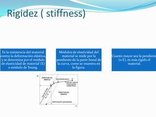 Rigidez ( stiffness)
Es la resistencia del material
contra la deformación elástica,
y se determina por el módulo
de elasti...