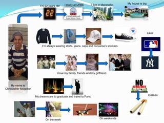 I study at URBE          I live in Maracaibo   My house is big
                           I’m 22 years old




                                                                                                                Likes



                            I’m always wearing shirts, jeans, caps and converse’s snickers.




                                        I love my family, friends and my girlfriend.



    My name is
Christopher Mogollon

                                                                                                                 Dislikes
                       My dreams are to graduate and travel to Paris.




                               On the week                                     On weekends
 