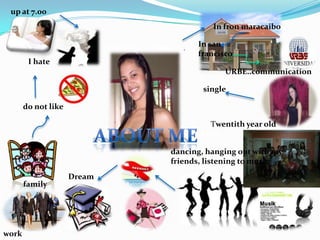 up at 7.00
                                                      In fron maracaibo

                           EGLIBETH C. PIRELA L.
                                                   In san
                                                   francisco
        I hate
                                                          URBE..communication

                                                    single

   I do not like

                                                       Twentith year old
                                                   I like

                                            dancing, hanging out with my
                                            friends, listening to music
                   Dream
       family




work
 