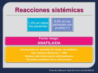 8,8% en los
      1,3% en todos
                             pacientes con
      los pacientes
                               prueba (+)


                Factor riesgo:
              ANAFILAXIA
Precauciones en paciente con riesgo de anafilaxia:
          Usar mayores diluciones 1:1000
    Realizar cada determinante individualmente
     Se puede considerar test in vitro primero



                         Torres MJ, Blanca M. Med Clin N Am 2010;94:805-20
 