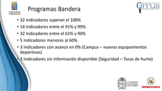 Programas Bandera
• 32 Indicadores superan el 100%
• 14 Indicadores entre el 91% y 99%
• 32 Indicadores entre el 61% y 90%
• 5 Indicadores menores al 60%
• 3 Indicadores con avance en 0% (Campus – nuevos equipamientos
deportivos)
• 3 Indicadores sin información disponible (Seguridad – Tasas de hurto)
 