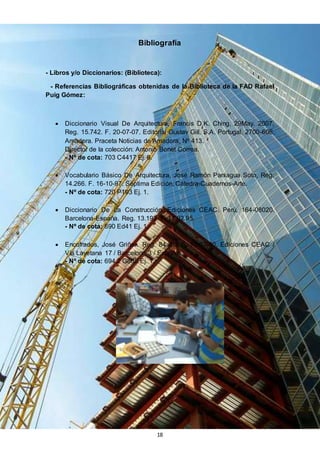 18
Bibliografía
- Libros y/o Diccionarios: (Biblioteca):
- Referencias Bibliográficas obtenidas de la Biblioteca de la FAD Rafael
Puig Gómez:
 Diccionario Visual De Arquitectura, Francis D.K. Ching, 29May. 2007,
Reg. 15.742. F. 20-07-07. Editorial Gustav Gill, S.A. Portugal, 2700-606.
Amadora. Praceta Noticias de Amadora, Nº 413.
Director de la colección: Antonio Bonet Correa.
- Nº de cota: 703 C4417 Ej. 6.
 Vocabulario Básico De Arquitectura, José Ramón Paniagua Soto, Reg.
14.266. F. 16-10-97. Séptima Edición, Cátedra-Cuadernos-Arte.
- Nº de cota: 720 P193 Ej. 1.
 Diccionario De La Construcción. Ediciones CEAC. Perú, 164-08020.
Barcelona-España. Reg. 13.193. F. 17.02.95.
- Nº de cota: 690 Ed41 Ej. 1.
 Encofrados, José Griñan. Reg. 84 18. F. 10-07-80. Ediciones CEAC /
Vía Layetana 17 / Barcelona 3 / España.
- Nº de cota: 694.2 G885 Ej. 1.
 