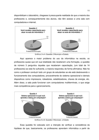 11
disponibilizam o laboratório, chegasse à preocupante realidade de que a maioria dos
professores e, consequentemente dos alunos, não têm acesso a uma sala com
computadores e internet.
Gráficos 3 e 4- Questão 2 Município e Estado.
Aqui aparece o maior problema do uso da informática na escola, os
professores quase que em sua totalidade não receberam uma formação, a questão
de número 3 perguntou àqueles que receberam capacitação, (um total de 14
professores) se esta foi suficiente, a maioria respondeu de forma afirmativa. Não há
como o professor conduzir todo um grupo de estudantes se ele está desbravando o
funcionamento dos computadores, provavelmente do sistema operacional e demais
dispositivos como impressora, roteadores, estabilizadores, chaves de energia, etc.
Além disso, a sala pode funcionar com computadores multiterminais, o que exige
mais competência para o gerenciamento.
Gráficos 5 e 6- Questão 4 Município e Estado.
Essa questão foi colocada com a intenção de verificar a consistência da
hipótese de que, basicamente, os professores aprendem informática a partir de
 