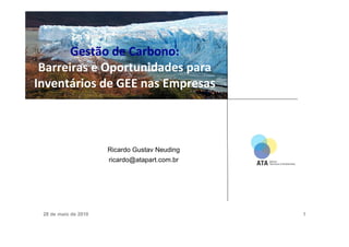 Gestão de Carbono:
 Barreiras e Oportunidades para
Inventários de GEE nas Empresas



                      Ricardo Gustav Neuding
                      ricardo@atapart.com.br




 28 de maio de 2010                            1
 