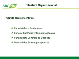 Comitê Técnico Cientifico: Parasitóides e Predadores Funos e Bactérias Entomopatogênicos Fungos para Controle de Doenças Nematóides Entomopatogênicos 
Estrutura Organizacional  