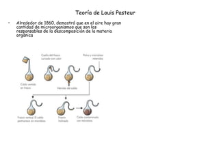 Teoría de Louis Pasteur   Alrededor de 1860, demostró que en el aire hay gran cantidad de microorganismos que son los responsables de la descomposición de la materia orgánica 