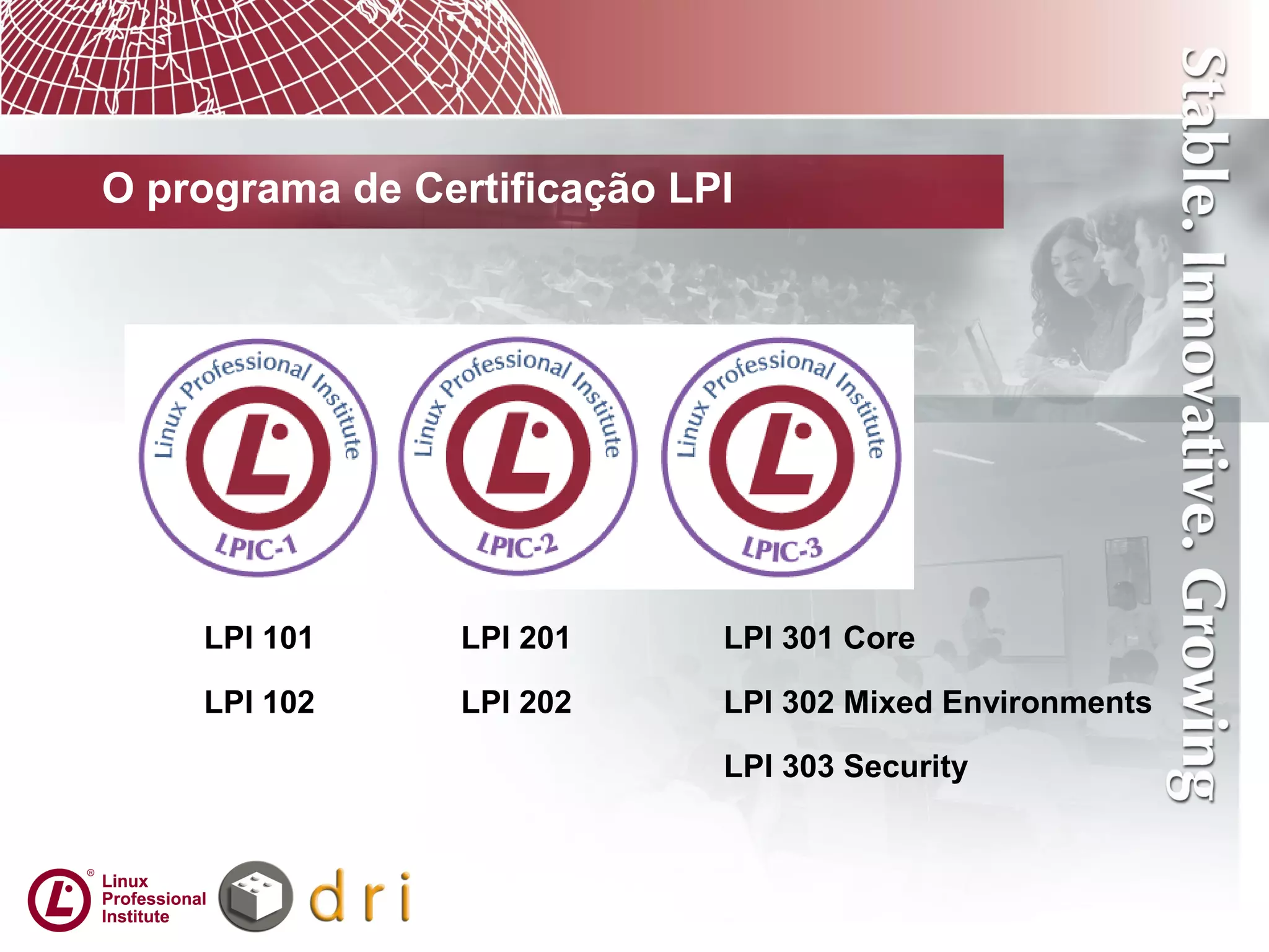 O programa de Certificação LPI
LPI 101 LPI 201 LPI 301 Core
LPI 102 LPI 202 LPI 302 Mixed Environments
LPI 303 Security
 