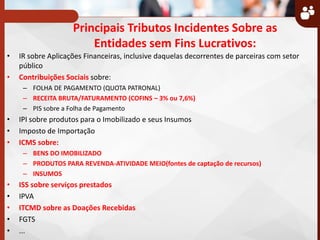 Principais Tributos Incidentes Sobre as
Entidades sem Fins Lucrativos:
• IR sobre Aplicações Financeiras, inclusive daquelas decorrentes de parceiras com setor
público
• Contribuições Sociais sobre:
– FOLHA DE PAGAMENTO (QUOTA PATRONAL)
– RECEITA BRUTA/FATURAMENTO (COFINS – 3% ou 7,6%)
– PIS sobre a Folha de Pagamento
• IPI sobre produtos para o Imobilizado e seus Insumos
• Imposto de Importação
• ICMS sobre:
– BENS DO IMOBILIZADO
– PRODUTOS PARA REVENDA-ATIVIDADE MEIO(fontes de captação de recursos)
– INSUMOS
• ISS sobre serviços prestados
• IPVA
• ITCMD sobre as Doações Recebidas
• FGTS
• ...
 
