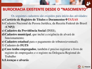 Os seguintes cadastros são exigidos para início das atividades:
a)Cartório de Registro de Títulos e DocumentosTAXAS
b)Cadastro Nacional da Pessoa Jurídica, da Receita Federal do Brasil
(CNPJ)
c) Cadastro da Previdência Social (INSS),
d)Cadastro municipal, que inclui a exigência de alvará de
funcionamento;
e) Cadastro estadual para o pagamento de tributos(eventual);
f) Cadastro do FGTS
g)Caso tenha empregados, também é preciso registrar o livro de
registro de empregados e o registre na Delegacia Regional do
Trabalho
h)Licenças e alvarás
BUROCRACIA EXI“TENTE DE“DE O NA“CIMENTO
 