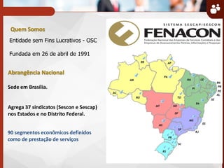 Quem Somos
Abrangência Nacional
Sede em Brasília.
Agrega 37 sindicatos (Sescon e Sescap)
nos Estados e no Distrito Federal.
Entidade sem Fins Lucrativos - OSC
Fundada em 26 de abril de 1991
90 segmentos econômicos definidos
como de prestação de serviços
 