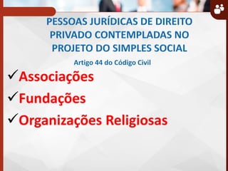 Associações
Fundações
Organizações Religiosas
 