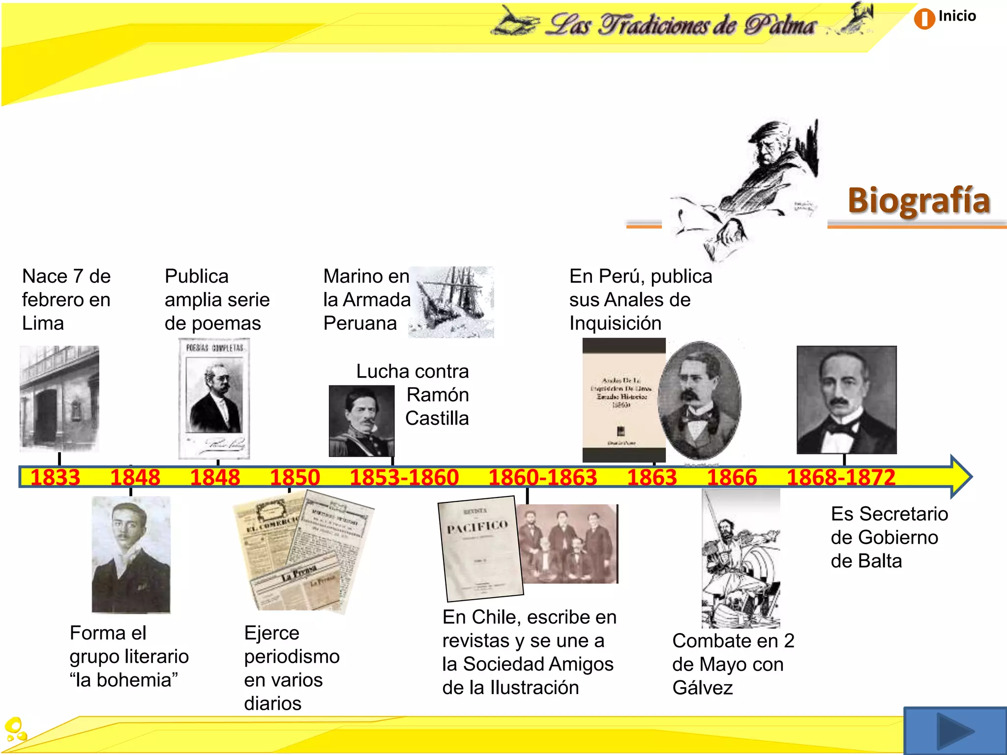 Inicio
Biografía
1833 1848 1848 1850 1853-1860 1860-1863 1863 1866 1868-1872
Lucha contra
Ramón
Castilla
Forma el
grupo literario
“la bohemia”
Publica
amplia serie
de poemas
Ejerce
periodismo
en varios
diarios
Marino en
la Armada
Peruana
Nace 7 de
febrero en
Lima
En Chile, escribe en
revistas y se une a
la Sociedad Amigos
de la Ilustración
En Perú, publica
sus Anales de
Inquisición
Combate en 2
de Mayo con
Gálvez
Es Secretario
de Gobierno
de Balta
 