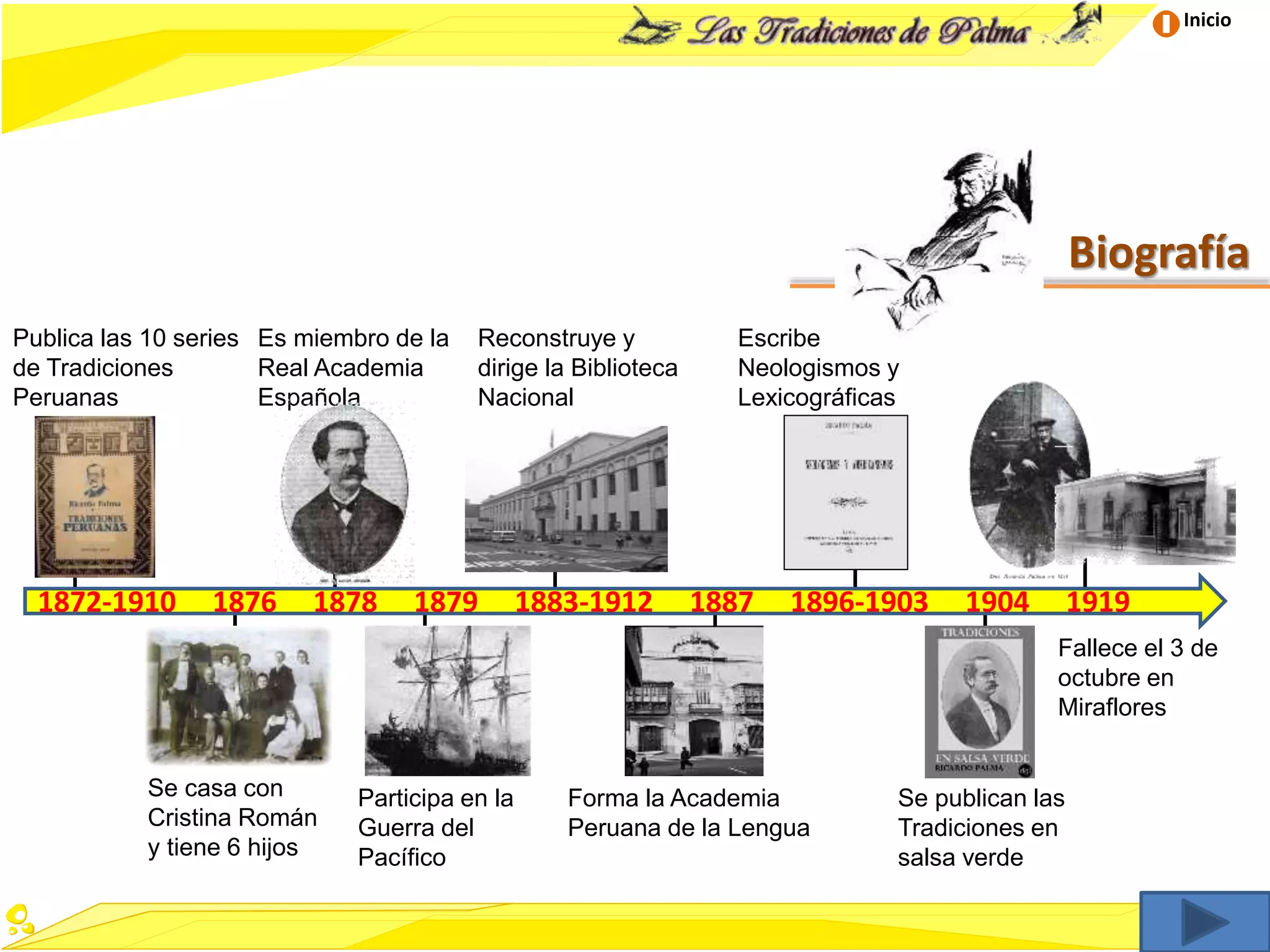 Inicio
Biografía
1872-1910 1876 1878 1879 1883-1912 1887 1896-1903 1904 1919
Se casa con
Cristina Román
y tiene 6 hijos
Es miembro de la
Real Academia
Española
Participa en la
Guerra del
Pacífico
Reconstruye y
dirige la Biblioteca
Nacional
Publica las 10 series
de Tradiciones
Peruanas
Forma la Academia
Peruana de la Lengua
Escribe
Neologismos y
Lexicográficas
Se publican las
Tradiciones en
salsa verde
Fallece el 3 de
octubre en
Miraflores
 