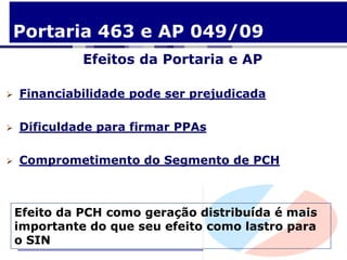 Portaria 463 e AP 049/09
              Efeitos da Portaria e AP

   Financiabilidade pode ser prejudicada

   Dificuldade para firmar PPAs

   Comprometimento do Segmento de PCH



    Efeito da PCH como geração distribuída é mais
    importante do que seu efeito como lastro para
    o SIN
 