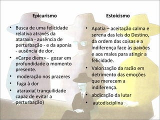 Epicurismo                    Estoicismo

• Busca de uma felicidade     • Apatia – aceitação calma e
  relativa através da           serena das leis do Destino,
  ataraxia - ausência de        da ordem das coisas e a
  perturbação - e da aponia     indiferença face às paixões
  - ausência de dor.
                                e aos males para atingir a
• «Carpe diem» - gozar em
                                felicidade.
  profundidade o momento
  presente.                   • Valorização da razão em
• moderação nos prazeres        detrimento das emoções
• fuga à dor                    que merecem a
                                indiferença.
• ataraxia( tranquilidade
  capaz de evitar a           • abdicação da lutar
  perturbação)                • autodisciplina
 