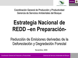 Estrategia Nacional de REDD –en Preparación- Reducción de Emisiones derivadas de la Deforestación y Degradación Forestal Coordinación General de Producción y Productividad Gerencia de Servicios Ambientales del Bosque Noviembre, 2009 