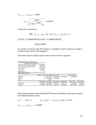 107
   95.0;82/1;2 TT n   = 2.3060
1 = 08558.0
10
)349(13553
057.10
2


El intervalo será entonces:
         112;2/11112;2/11 nn TBTP

 )08558.0)(3060.2(2926.4);08558.0)(3060.2(2926.4 
 4900.4;095.4
Se concluye: En 90 de cada 100 muestras la cantidad de materia prima por unidad se
encuentra entre 4.095 y 4.49 kilogramos.
Efectuando ahora los cálculos para la mano de obra se tiene lo siguiente:
Determinado un intervalo de confianza del 95% para la cantidad de tiempo que se requiere
por unidad producida, se tiene:
n -2 = 10-2 = 8 1

= 2.1577 975.02/05.012/1 
   975.0;82/1;2 TT n   = 2.306006
Variable dependiente: Mano de obra
Estadísticas de la regresión
Coeficiente de correlación múltiple 0,9960837
Coeficiente de determinación R^2 0,9921828
R^2 ajustado 0,9912057
Error típico 2,5089577
Observaciones 10
ANÁLISIS DE VARIANZA
Grados de libertadSuma de cuadradosPromedio de los cuadrados F Valor crítico de F
Regresión 1 6391,74105 6391,74105 1015,38913 1,02428E-09
Residuos 8 50,3589482 6,29486853
Total 9 6442,1
Coeficientes Error típico Estadístico t Probabilidad Inferior 95% Superior 95%
Intercepción -2,003569 2,49282389 -0,80373471 0,44477359 -7,752031288 3,74489311
Unidades 2,1576954 0,06771328 31,8651711 1,0243E-09 2,001548276 2,3138425
 