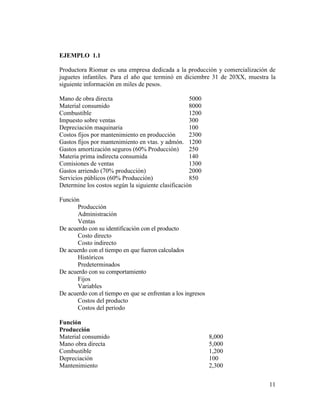 11
EJEMPLO 1.1
Productora Riomar es una empresa dedicada a la producción y comercialización de
juguetes infantiles. Para el año que terminó en diciembre 31 de 20XX, muestra la
siguiente información en miles de pesos.
Mano de obra directa 5000
Material consumido 8000
Combustible 1200
Impuesto sobre ventas 300
Depreciación maquinaria 100
Costos fijos por mantenimiento en producción 2300
Gastos fijos por mantenimiento en vtas. y admón. 1200
Gastos amortización seguros (60% Producción) 250
Materia prima indirecta consumida 140
Comisiones de ventas 1300
Gastos arriendo (70% producción) 2000
Servicios públicos (60% Producción) 850
Determine los costos según la siguiente clasificación
Función
Producción
Administración
Ventas
De acuerdo con su identificación con el producto
Costo directo
Costo indirecto
De acuerdo con el tiempo en que fueron calculados
Históricos
Predeterminados
De acuerdo con su comportamiento
Fijos
Variables
De acuerdo con el tiempo en que se enfrentan a los ingresos
Costos del producto
Costos del periodo
Función
Producción
Material consumido 8,000
Mano obra directa 5,000
Combustible 1,200
Depreciación 100
Mantenimiento 2,300
 