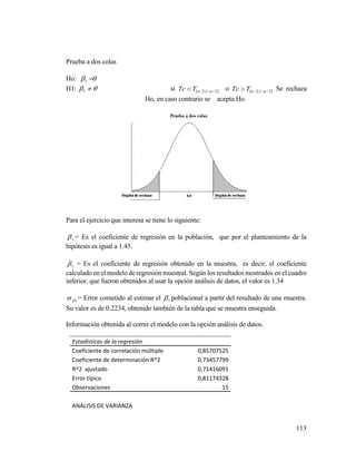 113
Prueba a dos colas
Ho:  1
H1:  1 si  2/1;2  nTTc o  2/1;2  nTTc Se rechaza
Ho, en caso contrario se acepta Ho.
Para el ejercicio que interesa se tiene lo siguiente:
1 = Es el coeficiente de regresión en la población, que por el planteamiento de la
hipótesis es igual a 1.45.
1

= Es el coeficiente de regresión obtenido en la muestra, es decir, el coeficiente
calculado en el modelo de regresión muestral. Según los resultados mostrados en el cuadro
inferior, que fueron obtenidos al usar la opción análisis de datos, el valor es 1.34
1 = Error cometido al estimar el 1 poblacional a partir del resultado de una muestra.
Su valor es de 0.2234, obtenido también de la tabla que se muestra enseguida.
Información obtenida al correr el modelo con la opción análisis de datos.
Estadísticas de la regresión
Coeficiente de correlación múltiple 0,85707525
Coeficiente de determinación R^2 0,73457799
R^2 ajustado 0,71416091
Error típico 0,81174328
Observaciones 15
ANÁLISIS DE VARIANZA
 