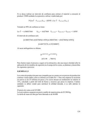124
Si se desea realizar un intervalo de confianza para estimar el material a consumir al
producir 15000 unidades la expresión a utilizar vendrá dada por:
P [LnYˆ - T(n-2,α/2) ELny  LN Y  Ln Yˆ - T(n-2,α/2) ELny ]
Tomado un 90% de confianza se tiene:
Ln Yˆ = 6.500557681 ELny = 0.027869 T(n-1,α/2) = T(8,0.10/2) = T(8,0.05) = 1.8595
El intervalo de confianza será:
[6.500557681-(0.027869)(1.8595);6.500557681 + (0.027869)(1.8595)]
[6.448735276; 6.552380087]
Al sacar antilogaritmo se obtiene:
[e6.448735276
; e6.552380087
]
[631.90 ; 700.91]
Para ilustrar mejor el proceso a seguir en la estimación y dar una mayor claridad sobre la
aplicación de los modelos de regresión en el campo de los costos, se plantean ydesarrollan
los siguientes ejercicios:
EJEMPLO 2.3
Los costos de producción para una compañía que no cuenta con un proceso de producción
continuo vienen dados como se informa en la tabla No 1. Para esta empresa la inversión
en activos es de 25 millones de pesos y los socios desean un rendimiento no inferior al
15%, calculado a partir del total de bienes y recursos que posee la empresa. Cuántas
unidades se deben vender para satisfacer la utilidad deseada, si se sabe además lo
siguiente:
El precio de venta es de $15.000.
Los proveedores aseguran un precio estable de materia prima de $3.500 Kg.
La tarifa de mano de obra por hora laborada es de $4.800
 