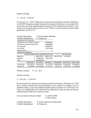 126
Modelo calculado
Y = -316.34 + 0.8221X
En este caso B1 = 0.8221. Indica que el consumo de materia prima aumenta o disminuye
en 0.822095 kilogramos cuando la producción aumenta o disminuye en una unidad. Esto
quiere decir, que cada unidad producida consume 0.8221 kilogramos de material. Como
el precio de la materia prima por kilo es de $ 3.500, el costo de material en cada unidad
producida es de $2.877.33.
Variable dependiente Y: Horas hombre laboradas
Variable independiente X: Producción
Modelo a emplear XBBY 10


Modelo calculado
Y =-29.1343 + 1.145871X
En esta situación, B1 indica que el tiempo de producción aumenta o disminuye en 1.1459
horas, cuando la producción aumenta disminuye en una unidad. En realidad, lo que el
parámetro indica, es que cada unidad producida emplea un tiempo de 1.1459 horas, este
valor al ser multiplicado con la tarifa por hora, determina el costo de mano de obra por
unidad producida. Bajo esta situación se tiene:
Costo de mano de obra por unidad = (1.1459) (4.800)
= 5.500.32 Pesos
Variable dependiente Y: Costos indirectos de fabricación
Variable independiente X: Producción
Estadísticas de la regresión
Coeficiente de correlación múltiple 0,99398524
Coeficiente de determinación R^2 0,98800666
R^2 ajustado 0,98600777
Error típico 134,154365
Observaciones 8
ANÁLISIS DE VARIANZA
Grados de libertadSuma de cuadradosPromedio de los cuadrados F Valor crítico de F
Regresión 1 8895710,51 8895710,51 494,277709 5,4154E-07
Residuos 6 107984,362 17997,3937
Total 7 9003694,88
Coeficientes Error típico Estadístico t Probabilidad Inferior 95% Superior 95%
Intercepción -29,1343173 162,965572 -0,1787759 0,86399758 -427,896706 369,628071
Producción 1,14587085 0,05154068 22,2323573 5,4154E-07 1,01975534 1,27198635
 