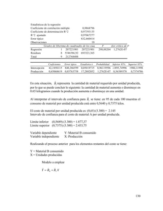 130
En esta situación, 1
ˆB representa la cantidad de material requerido por unidad producida,
por lo que se puede concluir lo siguiente: la cantidad de material aumenta o disminuye en
0.65 kilogramos cuando la producción aumenta o disminuye en una unidad.
Al interpretar el intervalo de confianza para 1
ˆB se tiene: en 95 de cada 100 muestras el
consumo de material por unidad producida está entre 0,5640 y 0,7375 kilos.
El costo de material por unidad producida es: (0,65) (3.300) = 2.145
Intervalo de confianza para el costo de material A por unidad producida.
Límite inferior (0,5689) (3.300) = 1.877,37
Límite superior (0,7375) (3.300) = 2.433,75
Variable dependiente Y: Material B consumido
Variable independiente X: Producción
Realizando el proceso anterior para los elementos restantes del costo se tiene:
Y = Material B consumido
X = Unidades producidas
Modelo a emplear
XBBY 10


Estadísticas de la regresión
Coeficiente de correlación múltiple 0,9868796
Coeficiente de determinación R^2 0,97393135
R^2 ajustado 0,97067277
Error típico 832,660414
Observaciones 10
Grados de libertadSuma de cuadradosPromedio de los cuadradosF Valor crítico de F
Regresión 1 207221901 207221901 298,88204 1,2762E-07
Residuos 8 5546586,92 693323,365
Total 9 212768488
Coeficientes Error típico Estadístico t Probabilidad Inferior 95% Superior 95%
Intercepción 42,1850115 840,386599 0,05019715 0,96119596 -1895,74996 1980,11998
Producción 0,65068619 0,03763758 17,2882052 1,2762E-07 0,56389378 0,7374786
 