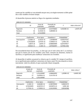 147
cuenta que las variables se van retirando una por una y en ningún momento se debe quitar
dos o más variables al mismo tiempo.
Al desarrollar el proceso anterior se llega a los siguientes resultados:
ANÁLISIS DE VARIANZA
Gl
Suma de
cuadrados
Promedio de
cuadrados
F Valor crítico de F
Regresión 3 6,76120999 2,253736662 4,43258E+31 1,467E-247
Residuos 16 8,1352E-31 5,08448E-32
Total 19 6,76120999
Coeficientes Error típico Estadístico t Probabilidad
Intercepciónn -1,5206E-15 6,3521E-16 -2,39386949 0,029274161
X2 0,76335878 1,0737E-16 7,10992E+15 1,978E-245
X3 8,867E-18 1,847E-17 0,480064899 0,637678417
X4 4,0816E-15 2,182E-15 1,870566997 0,079811448
Sin necesidad de hacer las pruebas, es claro que con el valor crítico de F, se concluye
que por lo menos una de las variables: peso final, consumo de alimentos, merma al
sacrificio, es significante para establecer variaciones en el modelo.
Al desarrollar el análisis secuencial se observa que la variable X3, tiempo al sacrificio,
no es significante para establecer variaciones en el peso canal. Por esta situación se inicia
nuevamente todos los cálculos, lo que se procede a hacer enseguida.
ANÁLISIS DE VARIANZA
Grados de
libertad
Suma de
cuadrados
Promedio de
cuadrados
F Valor crítico F
Regresión 2 6,761209987 3,380604993 1,0208E+32 6,669E-265
Residuos 17 5,62993E-31 3,31172E-32
Total 19 6,761209987
Coeficientes Error típico Estadístico t Probabilidad
Intercepción -2,146E-15 4,66648E-16 -4,598799944 0,00025571
X2 0,76335878 8,45072E-17 9,03307E+15 3,09E-262
X4 3,7735E-15 1,72993E-15 2,181293995 0,04349386
 