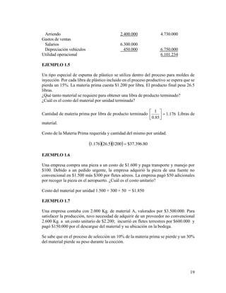 19
Arriendo 2.400.000 4.730.000
Gastos de ventas
Salarios 6.300.000
Depreciación vehículos 450.000 6.750.000
Utilidad operacional 6.101.234
EJEMPLO 1.5
Un tipo especial de espuma de plástico se utiliza dentro del proceso para moldes de
inyección. Por cada libra de plástico incluido en el proceso productivo se espera que se
pierda un 15%. La materia prima cuesta $1.200 por libra. El producto final pesa 26.5
libras.
¿Qué tanto material se requiere para obtener una libra de producto terminado?
¿Cuál es el costo del material por unidad terminada?
Cantidad de materia prima por libra de producto terminado 176.1
85.0
1






Libras de
material.
Costo de la Materia Prima requerida y cantidad del mismo por unidad.
    80.396.37$12005.26176.1 
EJEMPLO 1.6
Una empresa compra una pieza a un costo de $1.600 y paga transporte y manejo por
$100. Debido a un pedido urgente, la empresa adquirió la pieza de una fuente no
convencional en $1.500 más $300 por fletes aéreos. La empresa pagó $50 adicionales
por recoger la pieza en el aeropuerto. ¿Cuál es el costo unitario?
Costo del material por unidad 1.500 + 300 + 50 = $1.850
EJEMPLO 1.7
Una empresa contaba con 2.000 Kg. de material A, valorados por $3.500.000. Para
satisfacer la producción, tuvo necesidad de adquirir de un proveedor no convencional
2.600 Kg. a un costo unitario de $2.200; incurrió en fletes terrestres por $600.000 y
pagó $150.000 por el descargue del material y su ubicación en la bodega.
Se sabe que en el proceso de selección un 10% de la materia prima se pierde y un 30%
del material pierde su peso durante la cocción.
 