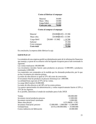 21
Costos al fabricar el empaque
Material 30.000
Mano Obra 18.000
Carga Fabril 22.000
Costo por caja 70.000
Costos al comprar el empaque
Material    500.2585.0000.30 
Mano obra    300.1585.0000.18 
Carga fabril  300.15000.30  = 14.700
Subtotal 55.500
Costo empaque 20.000
Costo total 75.500
En conclusión, la empresa debe fabricar la caja
EJEM PLO 1.9
La contadora de una empresa perdió accidentalmente parte de la información financiera
que maneja y a pesar de su esfuerzo sólo ha logrado recuperar para el año terminado lo
siguiente:
Las ventas totalizaron 100.000.000
Los inventarios iniciales fueron: para productos en proceso 12.000.000 y productos
terminados 6.000.000.
Los materiales son comprados en la medida que los demanda producción, por lo que
no hay inventarios de materias primas.
La mano de obra directa es igual al 25% del costo de conversión.
El inventario final de producto en proceso disminuyó en 1.000.000.
La utilidad bruta equivale al 55% de las ventas.
La carga fabril totalizó 24.000.000.
La mano de obra directa es del 40% de los costos primos.
Los gastos operacionales de administración y ventas respectivamente fueron el 20% y
15% de los ingresos.
Si es posible, determine el estado de resultados para el año 20XX
Ventas 100.000.000
Inventario inicial productos proceso 12.000.000
Inventario inicial prod. terminado 6.000.000
Mano obra directa 0.25 (MOD + CIF)
Inventario final prod. proceso 12.000.000 – 1.000.000 = 11.000.000
Utilidad bruta (0.55) (100.000.000) = 55.000.000
Costos indirectos de fabricación 24.000.000
 