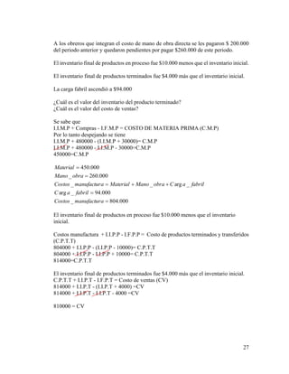 27
A los obreros que integran el costo de mano de obra directa se les pagaron $ 200.000
del periodo anterior y quedaron pendientes por pagar $260.000 de este periodo.
El inventario final de productos en proceso fue $10.000 menos que el inventario inicial.
El inventario final de productos terminados fue $4.000 más que el inventario inicial.
La carga fabril ascendió a $94.000
¿Cuál es el valor del inventario del producto terminado?
¿Cuál es el valor del costo de ventas?
Se sabe que
I.I.M.P + Compras - I.F.M.P = COSTO DE MATERIA PRIMA (C.M.P)
Por lo tanto despejando se tiene
I.I.M.P + 480000 - (I.I.M.P + 30000)= C.M.P
I.I.M.P + 480000 - I.I.M.P - 30000=C.M.P
450000=C.M.P
000.804_
000.94_arg
_arg__
000.260_
000.450





amanufacturCostos
fabrilaC
fabrilaCobraManoMaterialamanufacturCostos
obraMano
Material
El inventario final de productos en proceso fue $10.000 menos que el inventario
inicial.
Costos manufactura + I.I.P.P - I.F.P.P = Costo de productos terminados y transferidos
(C.P.T.T)
804000 + I.I.P.P - (I.I.P.P - 10000)= C.P.T.T
804000 + I.I.P.P - I.I.P.P + 10000= C.P.T.T
814000=C.P.T.T
El inventario final de productos terminados fue $4.000 más que el inventario inicial.
C.P.T.T + I.I.P.T - I.F.P.T = Costo de ventas (CV)
814000 + I.I.P.T - (I.I.P.T + 4000) =CV
814000 + I.I.P.T - I.I.P.T - 4000 =CV
810000 = CV
 