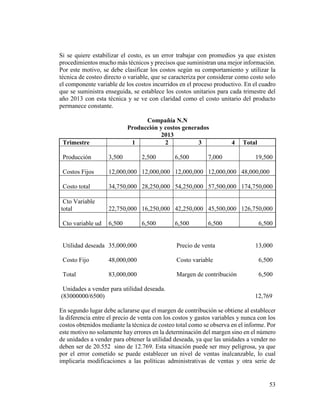 53
Si se quiere estabilizar el costo, es un error trabajar con promedios ya que existen
procedimientos mucho más técnicos y precisos que suministran una mejor información.
Por este motivo, se debe clasificar los costos según su comportamiento y utilizar la
técnica de costeo directo o variable, que se caracteriza por considerar como costo solo
el componente variable de los costos incurridos en el proceso productivo. En el cuadro
que se suministra enseguida, se establece los costos unitarios para cada trimestre del
año 2013 con esta técnica y se ve con claridad como el costo unitario del producto
permanece constante.
Compañía N.N
Producción y costos generados
2013
Trimestre 1 2 3 4 Total
Producción 3,500 2,500 6,500 7,000 19,500
Costos Fijos 12,000,000 12,000,000 12,000,000 12,000,000 48,000,000
Costo total 34,750,000 28,250,000 54,250,000 57,500,000 174,750,000
Cto Variable
total 22,750,000 16,250,000 42,250,000 45,500,000 126,750,000
Cto variable ud 6,500 6,500 6,500 6,500 6,500
Utilidad deseada 35,000,000 Precio de venta 13,000
Costo Fijo 48,000,000 Costo variable 6,500
Total 83,000,000 Margen de contribución 6,500
Unidades a vender para utilidad deseada.
(83000000/6500) 12,769
En segundo lugar debe aclararse que el margen de contribución se obtiene al establecer
la diferencia entre el precio de venta con los costos y gastos variables y nunca con los
costos obtenidos mediante la técnica de costeo total como se observa en el informe. Por
este motivo no solamente hay errores en la determinación del margen sino en el número
de unidades a vender para obtener la utilidad deseada, ya que las unidades a vender no
deben ser de 20.552 sino de 12.769. Esta situación puede ser muy peligrosa, ya que
por el error cometido se puede establecer un nivel de ventas inalcanzable, lo cual
implicaría modificaciones a las políticas administrativas de ventas y otra serie de
 