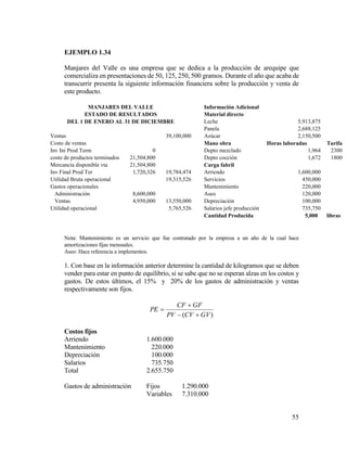 55
EJEMPLO 1.34
Manjares del Valle es una empresa que se dedica a la producción de arequipe que
comercializa en presentaciones de 50, 125, 250, 500 gramos. Durante el año que acaba de
transcurrir presenta la siguiente información financiera sobre la producción y venta de
este producto.
MANJARES DEL VALLE Información Adicional
ESTADO DE RESULTADOS Material directo
DEL 1 DE ENERO AL 31 DE DICIEMBRE Leche 5,913,875
Panela 2,688,125
Ventas 39,100,000 Azúcar 2,150,500
Costo de ventas Mano obra Horas laboradas Tarifa
Inv Ini Prod Term 0 Depto mezclado 1,964 2300
costo de productos terminados 21,504,800 Depto cocción 1,672 1800
Mercancia disponible vta 21,504,800 Carga fabril
Inv Final Prod Ter 1,720,326 19,784,474 Arriendo 1,600,000
Utilidad Bruta operacional 19,315,526 Servicios 450,000
Gastos operacionales Mantenimiento 220,000
Administración 8,600,000 Aseo 120,000
Ventas 4,950,000 13,550,000 Depreciación 100,000
Utilidad operacional 5,765,526 Salarios jefe producción 735,750
Cantidad Producida 5,000 libras
Nota: Mantenimiento es un servicio que fue contratado por la empresa a un año de la cual hace
amortizaciones fijas mensuales.
Aseo: Hace referencia a implementos.
1. Con base en la información anterior determine la cantidad de kilogramos que se deben
vender para estar en punto de equilibrio, si se sabe que no se esperan alzas en los costos y
gastos. De estos últimos, el 15% y 20% de los gastos de administración y ventas
respectivamente son fijos.
)( GVCVPV
GFCF
PE



Costos fijos
Arriendo 1.600.000
Mantenimiento 220.000
Depreciación 100.000
Salarios 735.750
Total 2.655.750
Gastos de administración Fijos 1.290.000
Variables 7.310.000
 