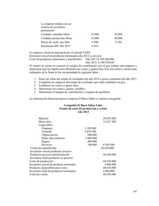 61
La empresa trabaja con un
sistema de inventario
permanente
Unidades vendidas libras 25,000 32,000
Unidades producidas libras 32,000 40,000
Precio de venta por libra 9,500 9.104
Incremento IPC año 2013 4.35%
La empresa valora la mercancía por el método UEPS
Inventario inicial de productos terminados año 2012 es de cero
Costo de productos terminados y transferidos: Año 2013 $ 148.200.000
Año 2012 $ 168.950.647
El interés se centra en conocer el margen de contribución con el que trabaja esta empresa y
determinar que tan rápido está cubriendo sus costos y gastos fijos. Por este motivo, usted como
trabajador de la firma le fue encomendada la siguiente labor:
1. Pasar las cifras del estado de resultados del año 2012 a pesos constantes del año 2013
2. Completar los espacios del estado de resultados que están señalados en gris.
3. Establecer los costos y gastos fijos.
4. Determinar los costos y gastos variables.
5. Determinar el margen de contribución y el punto de equilibrio.
La información financiera para la empresa El Buen Sabor se muestra enseguida:
Compañía El Buen Sabor Ltda.
Estado de costo de producción y ventas
Año 2013
Material 20.092.000
Mano obra 15.627.500
Carga fabril
Empaque 1.100.000
Arriendo 2.850.500
Depreciación 600.000
Mano obra indirecta 3.800.000
Seguro 400.000
Servicios 180.000 8.930.500
Costos de manufactura 44.650.000
Inventario inicial productos proceso -
Productos proceso transformación 44.650.000
Inventario final productos en proceso -
Costo de producción 44.650.000
Inventario inicial de producto terminado 4.000.000
Productos disponibles para venta 48.650.000
Inventario final de productos terminados 4.000.000
Costo de ventas 44.650.000
 