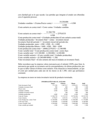68
con claridad qué es lo que sucede. Las partidas que integran el estado son obtenidas
con el siguiente proceso:
Unidades vendidas = (Ventas/Precio venta) = 500.4
4.300
19.350.000

Costo unitario en costeo total = Costo ventas / Unidades vendidas
Costo unitario en costeo total = 8333,2570
4.500
11.568.750

Costo producción costeo total = (Unidades producidas) (Costo unitario costeo total)
Unidades producidas = Inventario final + ventas – inventario inicial
Inventario final del periodo 1 = inventario inicial del periodo dos
Unidades producidas enero = (300 + 4500 – 0) = 4.800
Unidades producidas febrero = (600 + 4200 – 300) = 4500
Costo producción costeo total = (4800) (2570,83) = 12.340.000
Costo variable total = Costo producción costeo total– costos fijos
Costo variable total = (12.340.000 – 6.100.000) = 6.240.000
Costo variable unitario = (Costo variable total / Unidades producidas)
Costo variable unitario = (6.240.000/4800) = 1.300
Valor inventario final = (Costo unitario del mes) (Unidades en inventario final).
Debe recordarse que la empresa valora mercancía por el método UEPS, pues bien, la
mercancía que quede en inventario será la correspondiente a la última producción, por
lo que se debe valorar al último costo unitario. Esta situación es intrascendente, ya que
el costo por unidad para cada uno de los meses es de 1.300, valor que permanece
constante.
La empresa en enero no tenía inventario inicial de producto terminado.
Enero Febrero Marzo Abril
Valor Inventario Final 771.250 1.567.917 2.393.631 3.252.862
Unidades inventario final 300 600 900 1.200
Precio venta 4.300 4.300 4.300 4.300
Unidades vendidas 4.500 4.200 3.900 3.600
Unidades inventario inicial - 300 600 900
Unidades producidas 4.800 4.500 4.200 3.900
Costo de Ventas 11.568.750 11.153.333 10.734.286 10.310.769
Costo Unitario 2.570,83 2.655,56 2.752,38 2.864,10
Costo Producción costeo Total 12.340.000 11.950.000 11.560.000 11.170.000
Costo Fijo Total 6.100.000 6.100.000 6.100.000 6.100.000
Costos Variable Total 6.240.000 5.850.000 5.460.000 5.070.000
Costo variable por unidad 1.300 1.300 1.300 1.300
INFORMACIÓN PARA EL ANÁLISIS
 