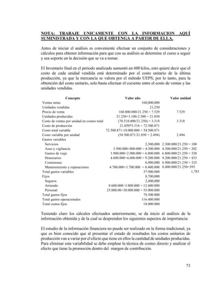 73
NOTA: TRABAJE UNICAMENTE CON LA INFORMACION AQUÍ
SUMINISTRADA Y CON LA QUE OBTENGA A PARTIR DE ELLA.
Antes de iniciar el análisis es conveniente efectuar un conjunto de consideraciones y
cálculos para obtener información para que con su análisis se determine el curso a seguir
y sea soporte en la decisión que se va a tomar.
El Inventario final en el periodo analizado aumentó en 600 kilos, esto quiere decir que el
costo de cada unidad vendida está determinado por el costo unitario de la última
producción, ya que la mercancía se valora por el método UEPS; por lo tanto, para la
obtención del costo unitario, solo basta efectuar el cociente entre el costo de ventas y las
unidades vendidas.
Concepto Valor año Valor unidad
Ventas netas 160,000,000
Unidades vendidas 21,250
Precio de venta 160.000.000/21.250 = 7.529 7.529
Unidades producidas 21.250+3.100-2.500 = 21.850
Costo de ventas por unidad en costeo total (70.510.000/21.250) = 3.318 3.318
Costo de producción 21.850*3.318 = 72.500.871
Costo total variable 72.500.871-18.000.000 = 54.500.871
Costo variable por unidad (54.500.871/21.850 = 2.494) 2.494
Gastos variables
Servicios 2,300,000 2.300.000/21.250 = 108
Aseo y vigilancia 3.500.000+800.000 = 4.300.000 4.300.000/21.250 = 202
Gastos de viaje 3.900.000+2.900.000 = 6.800.000 6.800.000/21.250 = 320
Honorarios 4.600.000+4.600.000 = 9.200.000 9.200.000/21.250 = 433
Comisiones 6,900,000 6.900.000/21.250 = 325
Mantenimiento y reparaciones 4.700.000+3.700.000 = 8.400.000 8.400.000/21.250=395
Total gastos variables 37.900.000 1,783
Fijos 8,700,000
Seguros 2,400,000
Arriendo 8.600.000+3.800.000 = 12.400.000
Personal 25.000.00+30.000.000 = 55.000.000
Total gastos fijos 78.500.000
Total gastos operacionales 116.400.000
Total costos fijos 18.000.000
Teniendo claro los cálculos efectuados anteriormente, se da inicio al análisis de la
información obtenida y de la cual se desprenden los siguientes aspectos de importancia:
El estudio de la información financiera no puede ser realizado en la forma tradicional, ya
que es bien conocido que al presentar el estado de resultados los costos unitarios de
producción van a variar por el efecto que tiene en ellos la cantidad de unidades producidas.
Para eliminar esta variabilidad se debe emplear la técnica de costeo directo y analizar el
efecto que tiene la promoción dentro del margen de contribución.
 