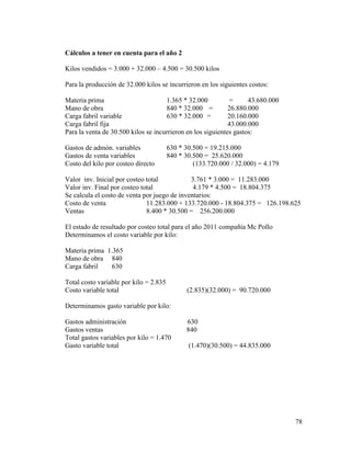 78
Cálculos a tener en cuenta para el año 2
Kilos vendidos = 3.000 + 32.000 – 4.500 = 30.500 kilos
Para la producción de 32.000 kilos se incurrieron en los siguientes costos:
Materia prima 1.365 * 32.000 = 43.680.000
Mano de obra 840 * 32.000 = 26.880.000
Carga fabril variable 630 * 32.000 = 20.160.000
Carga fabril fija 43.000.000
Para la venta de 30.500 kilos se incurrieron en los siguientes gastos:
Gastos de admón. variables 630 * 30.500 = 19.215.000
Gastos de venta variables 840 * 30.500 = 25.620.000
Costo del kilo por costeo directo (133.720.000 / 32.000) = 4.179
Valor inv. Inicial por costeo total 3.761 * 3.000 = 11.283.000
Valor inv. Final por costeo total 4.179 * 4.500 = 18.804.375
Se calcula el costo de venta por juego de inventarios:
Costo de venta 11.283.000 + 133.720.000 - 18.804.375 = 126.198.625
Ventas 8.400 * 30.500 = 256.200.000
El estado de resultado por costeo total para el año 2011 compañía Mc Pollo
Determinamos el costo variable por kilo:
Materia prima 1.365
Mano de obra 840
Carga fabril 630
Total costo variable por kilo = 2.835
Costo variable total (2.835)(32.000) = 90.720.000
Determinamos gasto variable por kilo:
Gastos administración 630
Gastos ventas 840
Total gastos variables por kilo = 1.470
Gasto variable total (1.470)(30.500) = 44.835.000
 