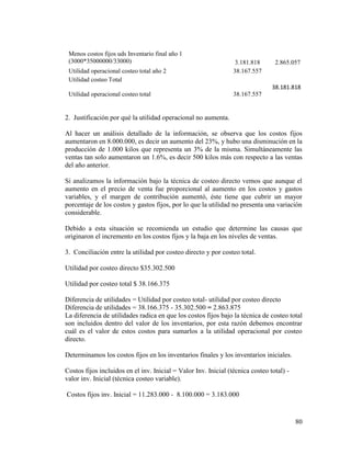 80
Menos costos fijos uds Inventario final año 1
(3000*35000000/33000) 3.181.818 2.865.057
Utilidad operacional costeo total año 2 38.167.557
Utilidad costeo Total
Utilidad operacional costeo total 38.167.557
38.181.818
2. Justificación por qué la utilidad operacional no aumenta.
Al hacer un análisis detallado de la información, se observa que los costos fijos
aumentaron en 8.000.000, es decir un aumento del 23%, y hubo una disminución en la
producción de 1.000 kilos que representa un 3% de la misma. Simultáneamente las
ventas tan solo aumentaron un 1.6%, es decir 500 kilos más con respecto a las ventas
del año anterior.
Si analizamos la información bajo la técnica de costeo directo vemos que aunque el
aumento en el precio de venta fue proporcional al aumento en los costos y gastos
variables, y el margen de contribución aumentó, éste tiene que cubrir un mayor
porcentaje de los costos y gastos fijos, por lo que la utilidad no presenta una variación
considerable.
Debido a esta situación se recomienda un estudio que determine las causas que
originaron el incremento en los costos fijos y la baja en los niveles de ventas.
3. Conciliación entre la utilidad por costeo directo y por costeo total.
Utilidad por costeo directo $35.302.500
Utilidad por costeo total $ 38.166.375
Diferencia de utilidades = Utilidad por costeo total- utilidad por costeo directo
Diferencia de utilidades = 38.166.375 - 35.302.500 = 2.863.875
La diferencia de utilidades radica en que los costos fijos bajo la técnica de costeo total
son incluidos dentro del valor de los inventarios, por esta razón debemos encontrar
cuál es el valor de estos costos para sumarlos a la utilidad operacional por costeo
directo.
Determinamos los costos fijos en los inventarios finales y los inventarios iniciales.
Costos fijos incluidos en el inv. Inicial = Valor Inv. Inicial (técnica costeo total) -
valor inv. Inicial (técnica costeo variable).
Costos fijos inv. Inicial = 11.283.000 - 8.100.000 = 3.183.000
 