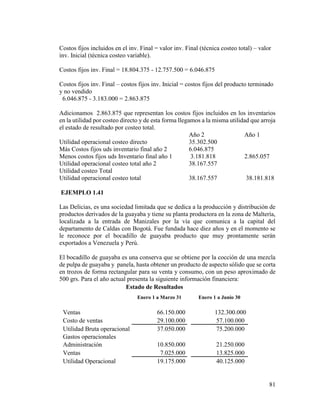 81
Costos fijos incluidos en el inv. Final = valor inv. Final (técnica costeo total) – valor
inv. Inicial (técnica costeo variable).
Costos fijos inv. Final = 18.804.375 - 12.757.500 = 6.046.875
Costos fijos inv. Final – costos fijos inv. Inicial = costos fijos del producto terminado
y no vendido
6.046.875 - 3.183.000 = 2.863.875
Adicionamos 2.863.875 que representan los costos fijos incluidos en los inventarios
en la utilidad por costeo directo y de esta forma llegamos a la misma utilidad que arroja
el estado de resultado por costeo total.
Año 2 Año 1
Utilidad operacional costeo directo 35.302.500
Más Costos fijos uds inventario final año 2 6.046.875
Menos costos fijos uds Inventario final año 1 3.181.818 2.865.057
Utilidad operacional costeo total año 2 38.167.557
Utilidad costeo Total
Utilidad operacional costeo total 38.167.557 38.181.818
EJEMPLO 1.41
Las Delicias, es una sociedad limitada que se dedica a la producción y distribución de
productos derivados de la guayaba y tiene su planta productora en la zona de Maltería,
localizada a la entrada de Manizales por la vía que comunica a la capital del
departamento de Caldas con Bogotá. Fue fundada hace diez años y en el momento se
le reconoce por el bocadillo de guayaba producto que muy prontamente serán
exportados a Venezuela y Perú.
El bocadillo de guayaba es una conserva que se obtiene por la cocción de una mezcla
de pulpa de guayaba y panela, hasta obtener un producto de aspecto sólido que se corta
en trozos de forma rectangular para su venta y consumo, con un peso aproximado de
500 grs. Para el año actual presenta la siguiente información financiera:
Estado de Resultados
Enero 1 a Marzo 31 Enero 1 a Junio 30
Ventas 66.150.000 132.300.000
Costo de ventas 29.100.000 57.100.000
Utilidad Bruta operacional 37.050.000 75.200.000
Gastos operacionales
Administración 10.850.000 21.250.000
Ventas 7.025.000 13.825.000
Utilidad Operacional 19.175.000 40.125.000
 