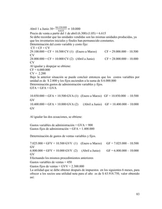 83
Abril 1 a Junio 30=
66.150.000
6.615
= 10.000
Precio de venta a partir del 1 de abril (6.300) (1.05) = 6.615
Se debe recordar que las unidades vendidas son las mismas unidades producidas, ya
que los inventarios iniciales y finales han permanecido constantes.
Determinación del costo variable y costo fijo:
CT = CF + CV
29.100.000 = CF + 10.500 CV (1) (Enero a Marzo) CF = 29.000.000 – 10.500
CV
28.000.000 = CF + 10.000 CV (2) (Abril a Junio) CF = 28.000.000 – 10.000
CV
Al igualar y despejar se obtiene:
CF = 6.000.000
CV = 2.200
Bajo la anterior situación se puede concluir entonces que los costos variables por
unidad es de $ 2.800 y los fijos ascienden a la suma de $ 6.000.000
Determinación gastos de administración variables y fijos.
GTA = GFA + GVA
10.850.000 = GFA + 10.500 GVA (1) (Enero a Marzo) GF = 10.850.000 – 10.500
GV
10.400.000 = GFA + 10.000 GVA (2) (Abril a Junio) GF = 10.400.000 – 10.000
GV
Al igualar las dos ecuaciones, se obtiene:
Gastos variables de administración = GVA = 900
Gastos fijos de administración = GFA = 1.400.000
Determinación de gastos de ventas variables y fijos.
7.025.000 = GFV + 10.500 GVV (1) (Enero a Marzo) GF = 7.025.000 – 10.500
GV
6.800.000 = GFV + 10.000 GVV (2) (Abril a Junio) GF = 6.800.000 – 10.000
GV
Efectuando los mismos procedimientos anteriores
Gastos variables de ventas = 450
Gastos fijos de ventas = GVV = 2.300.000
La utilidad que se debe obtener después de impuestos en los siguientes 6 meses, para
ofrecer a los socios una utilidad neta para el año es de $ 63.918.750, valor obtenido
así:
 
